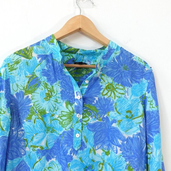 Talbots Shirt Women Size Small Blue Floral Top Blouse Sequin Boho Allover Tencel - Picture 2 of 8